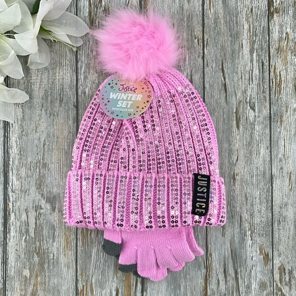 Girls Justice Ribbed & Full Print Winter Cozy Beanie and Gloves 2, 2-Piece Sets